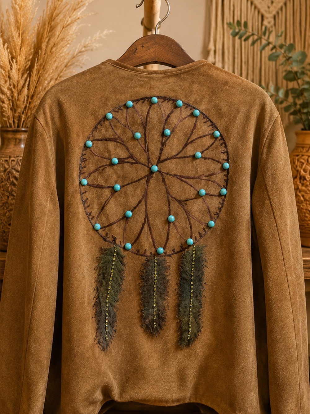 Brown Faux Suede Engraved Dreamcatcher Jacket with Turquoise Beads